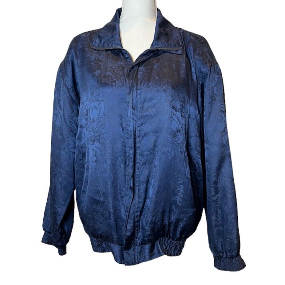 Vintage CoAco 100% Silk Bomber Jacket Navy Floral Embossed‎ Zip Front Large